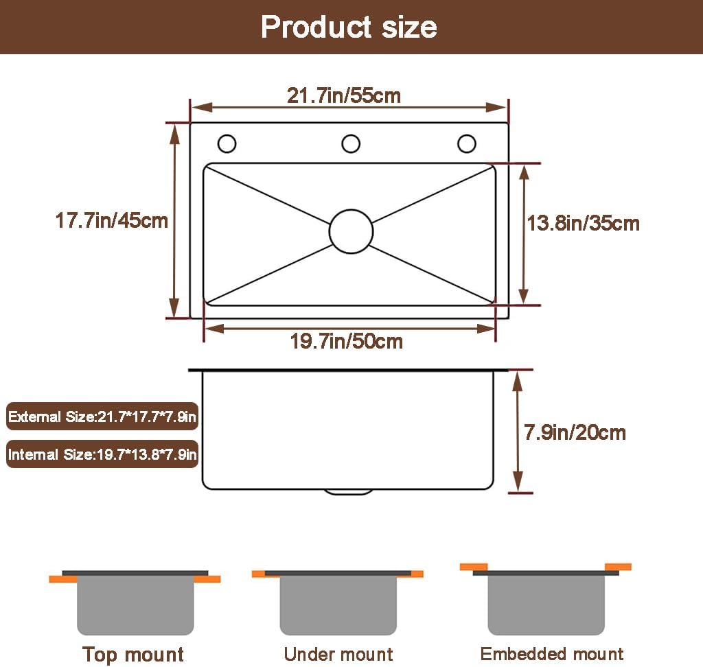 Black Drop in Kitchen Sink, Stainless Steel Single Bowl Sink with 3 Holes, Topmount Workstation Sink, Farmhouse Rectangle Basin with Multiple Accessories (21.7 * 17.7 * 7.9in)