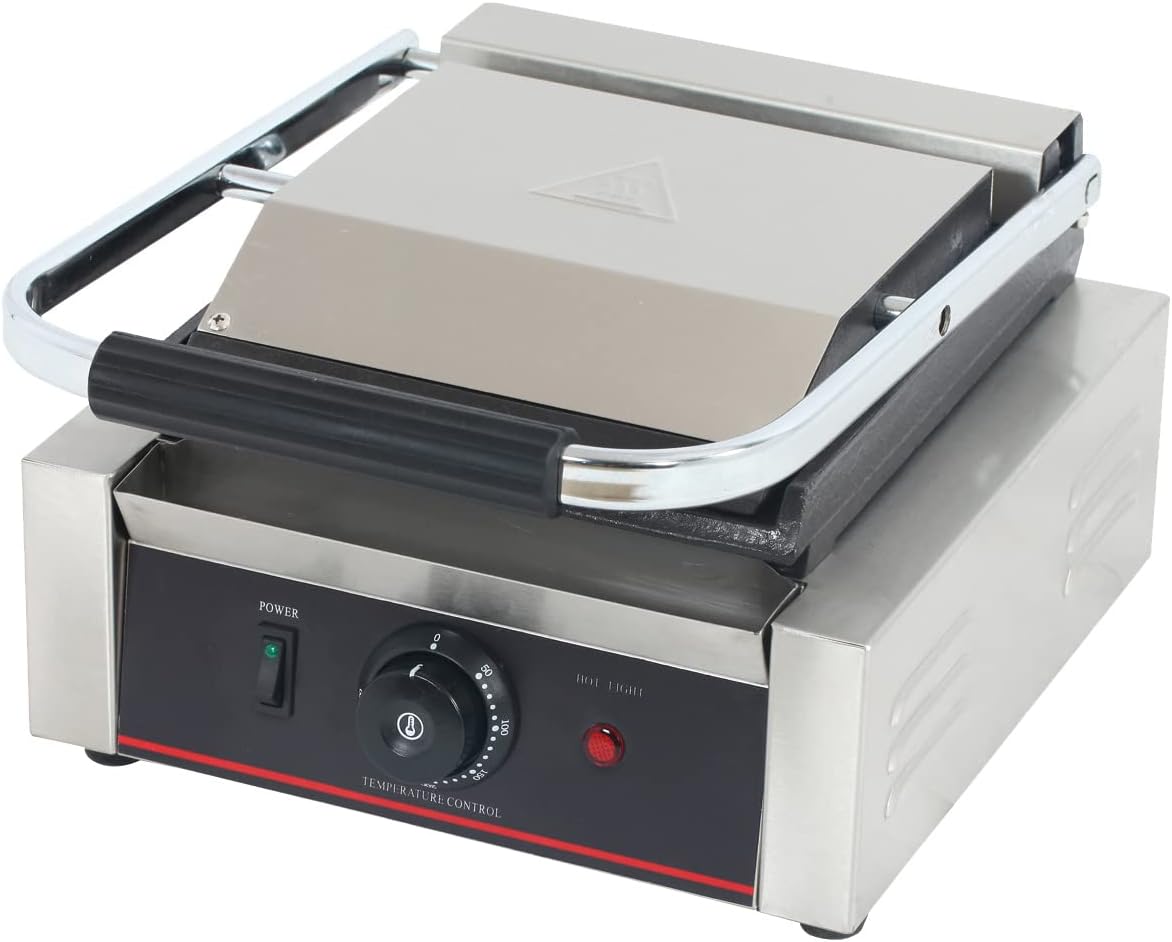 Commercial Panini Press With Grooved Grill Sandwich Maker Machine Electric Contact Grill Single (Single Grooved Top&Bottom)