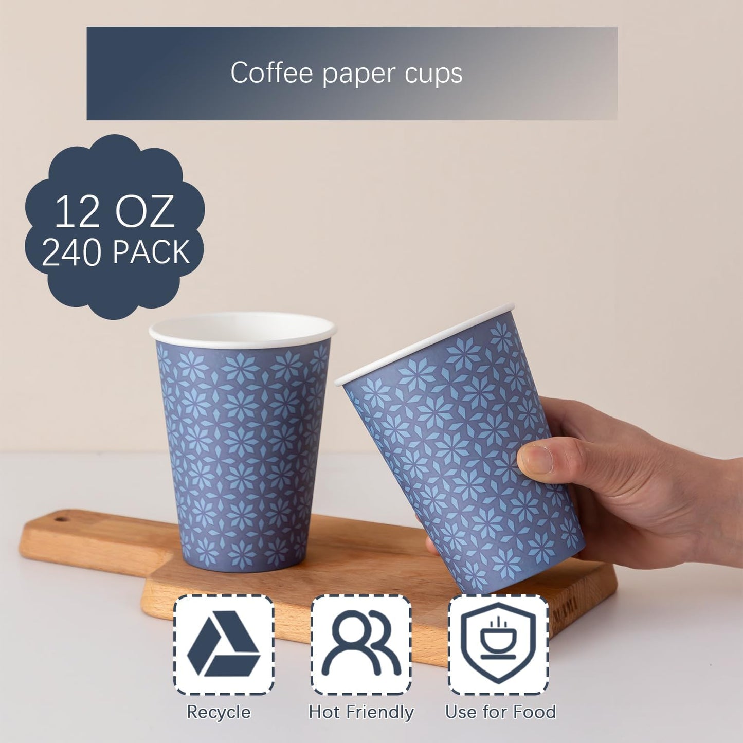 240 Pack 12 oz Disposable Paper Cups, Hot/Cold Beverage Paper Drinking Cups, Navy Floral Paper Coffee Cups 12 oz for Home-use, Office, Restaurant and Events