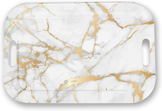 Serving Trays with Handles, 14.5 x 9.8 inch Rectangular Plastic Tray for Restaurant, Kitchen, Golden White Marble