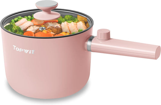 Topwit Hot Pot Electric, 1.5L Ramen Cooker, Portable Non-Stick Frying Pan, Electric Pot for Pasta, Steak, BPA Free, Electric Cooker with Dual Power Control, Over-Heating & Boil Dry Protection, Pink
