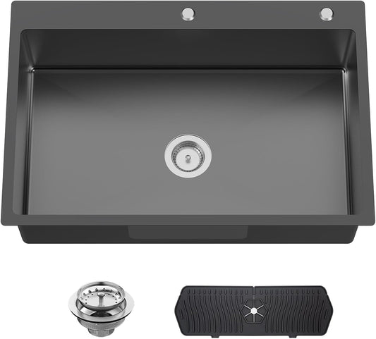 Black 33x22 Inch Stainless Steel Kitchen Sink - Drop In Modern Single Bowl Topmount Kitchen Sink With Silicon Mat,Drain Strainer Set Offering Large Basin Compatibility With Various Kitchen&Bar Style