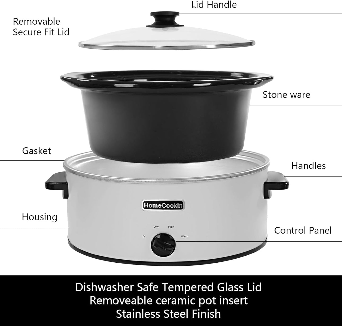 HOMECOOKIN 7 Quart Slow Cooker Oval Manual Pot Food Warmer with 3 Cooking Settings, White Stainless Steel