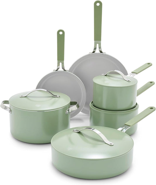 GreenLife 10-Piece Nonstick Ceramic Cookware Set, Lightweight Healthy PFAS-Free Pots & Pans with Lids, Dishwasher & Oven Safe, Durable Body, Silicone Stay-Cool Handles, Easy Release, Sage Green