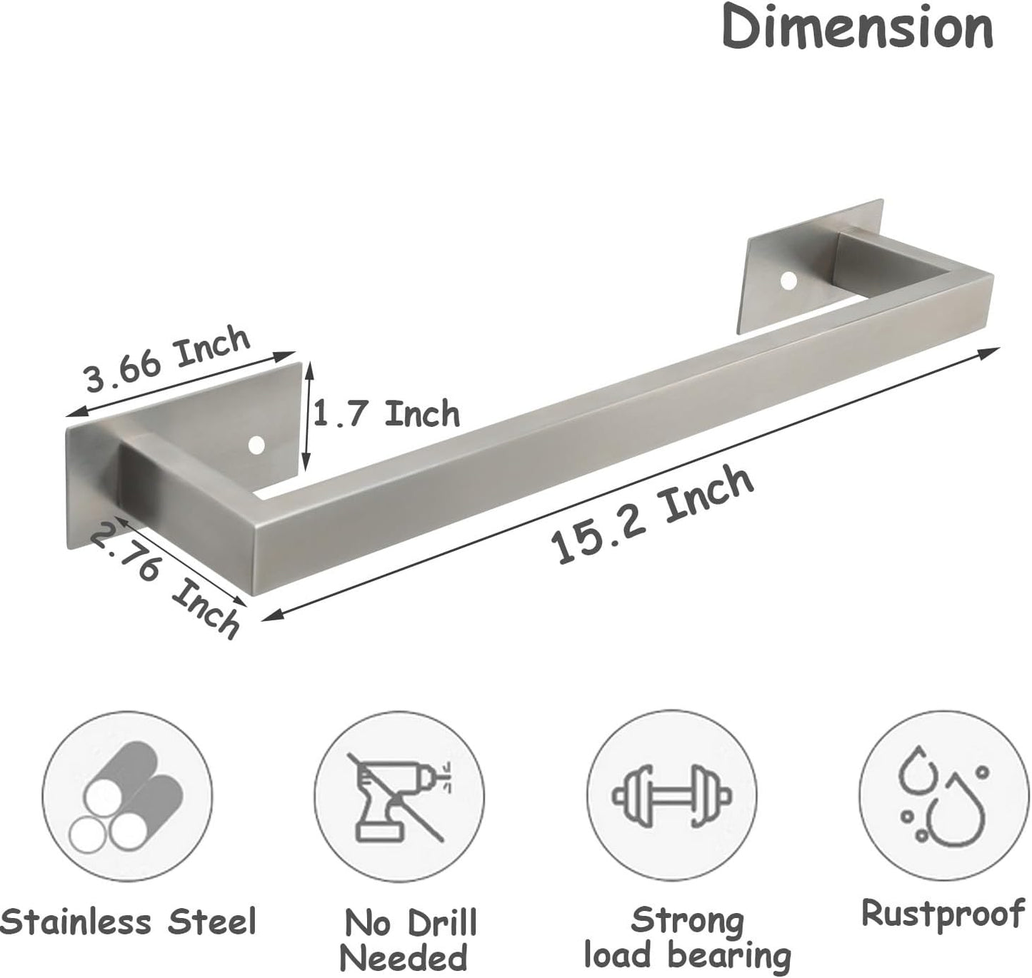 Bathroom Towel Bar Self Adhesive, No Drilling Towel Rack Easy to Install, Hand Towel Holder Made of Premium Stainless Steel Sticky on Hand Towel Hanger for Kitchen, Toilet.(16IN, Brushed)