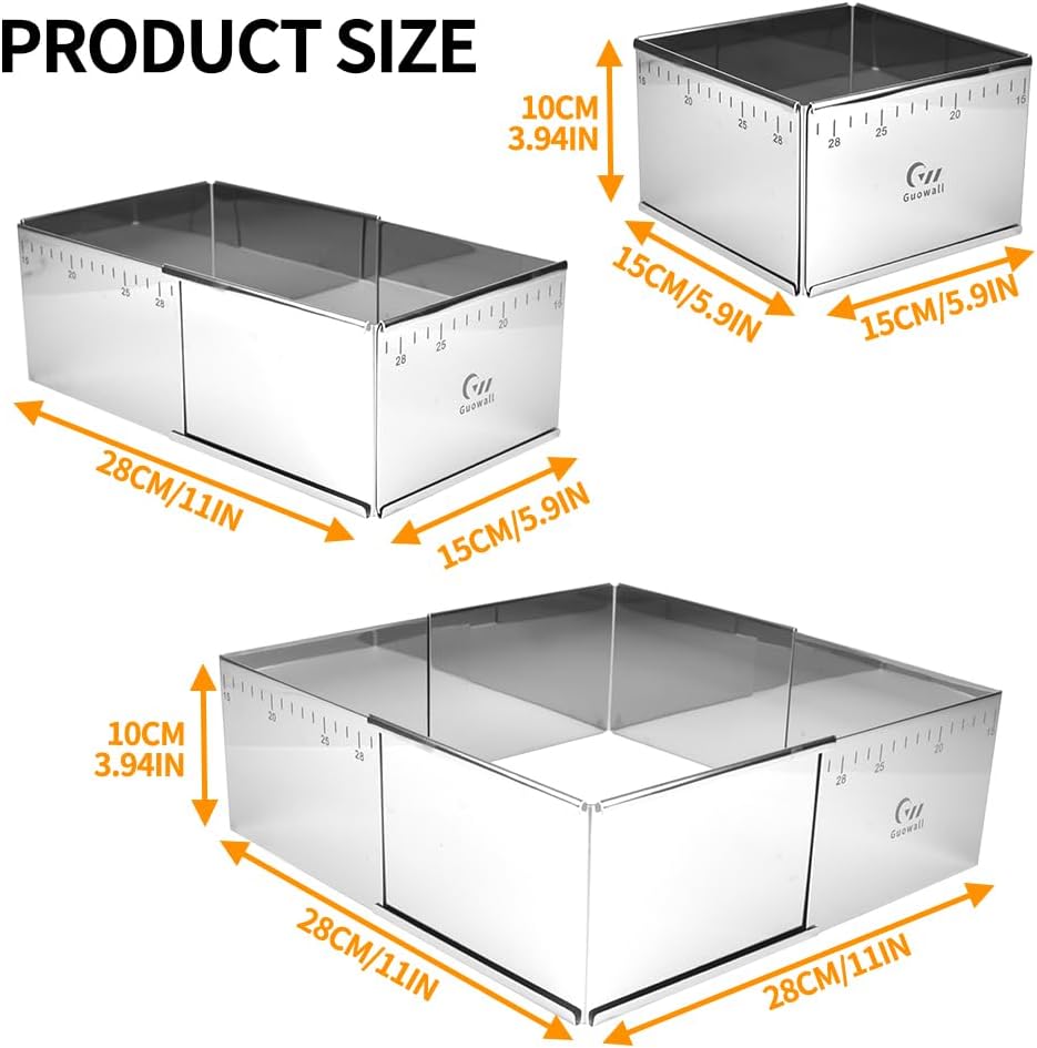Guowall Adjustable Cake Ring Extensible Rectangle Ring Mold Detachable Stainless Steel Square Shaped Cake Cutter, Nonstick DIY Baking - 5.9 x 5.9 in (15 x 15 cm)