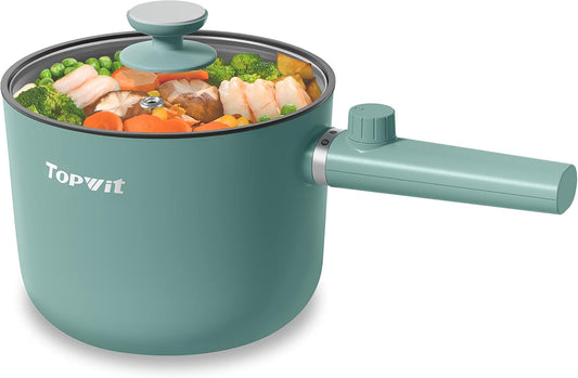 Topwit Hot Pot Electric, 1.5L Ramen Cooker, Portable Non-Stick Frying Pan, Electric Pot for Pasta, Steak, BPA Free, Electric Cooker with Dual Power Control, Over-Heating & Boil Dry Protection, Green