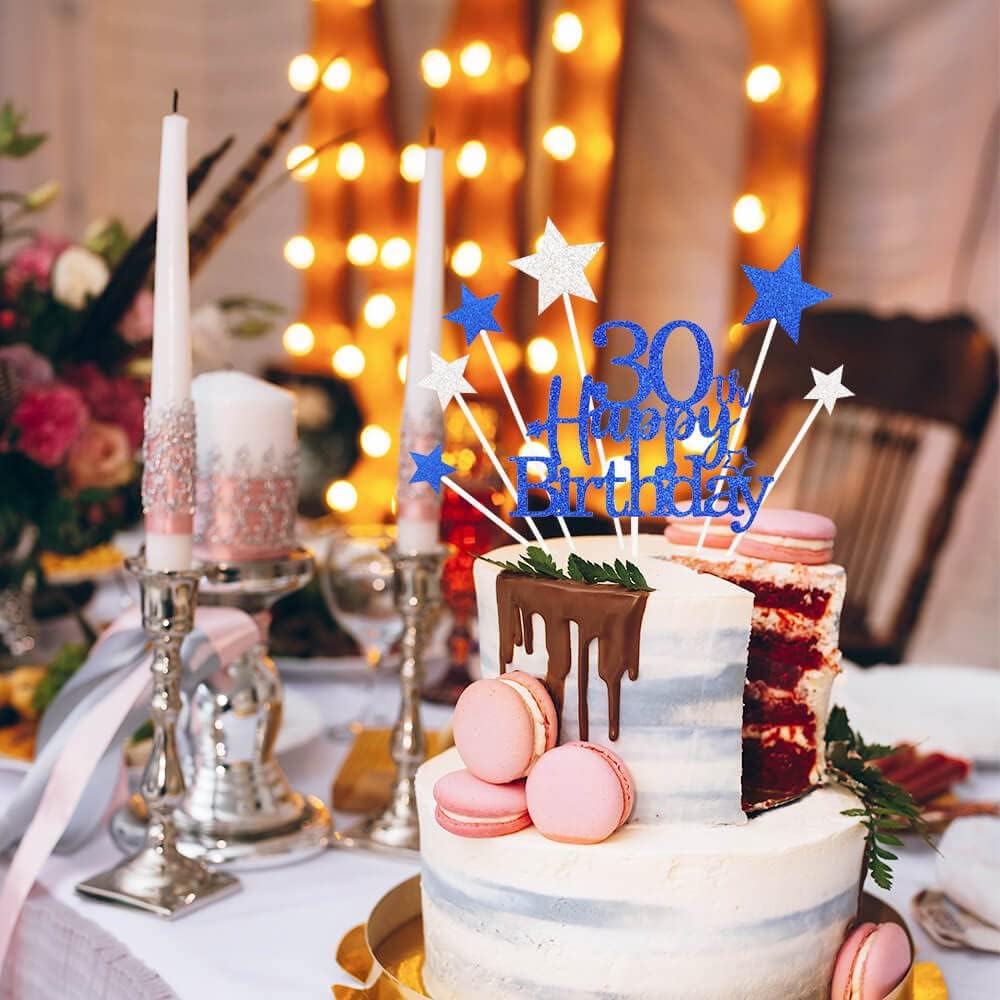 Glittery 30th Happy Birthday Cake Topper with Star,Personalised 50 Birthday Cake Toppers Party Decorations Party Supplies for Men Women Blue