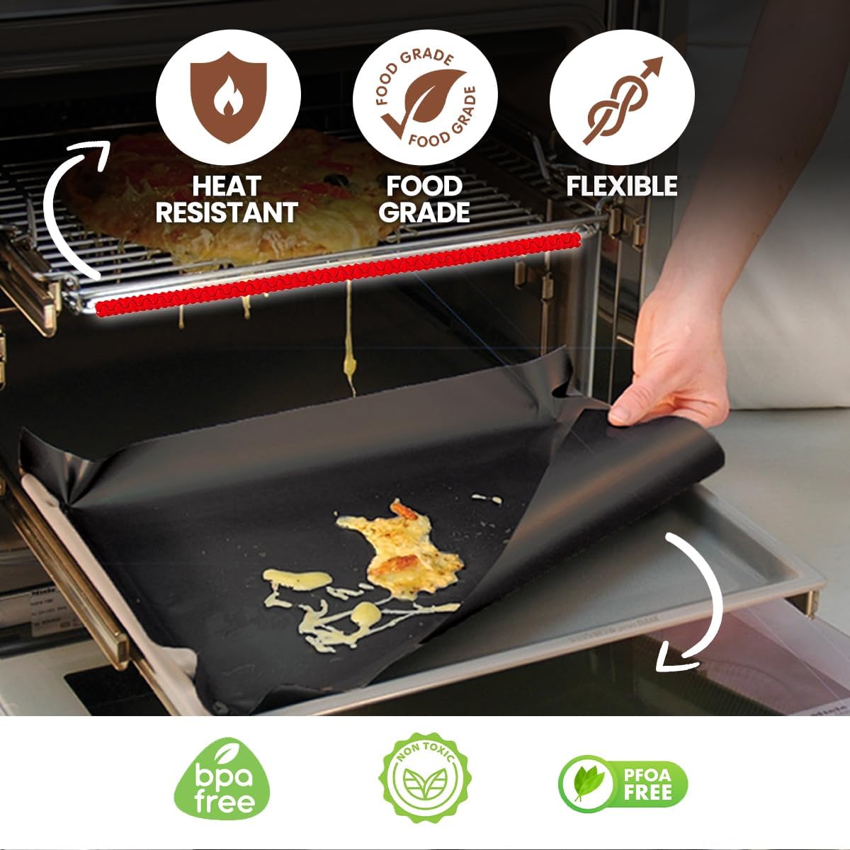 Oven Liners for Bottom of Oven Black (2-pack) Bundled with Rack Shield (2-pack) - Large Mat for Bottom of Stove (17"x 25") and 22" Red Range Guards for Racks - Reusable & Heat Resistant