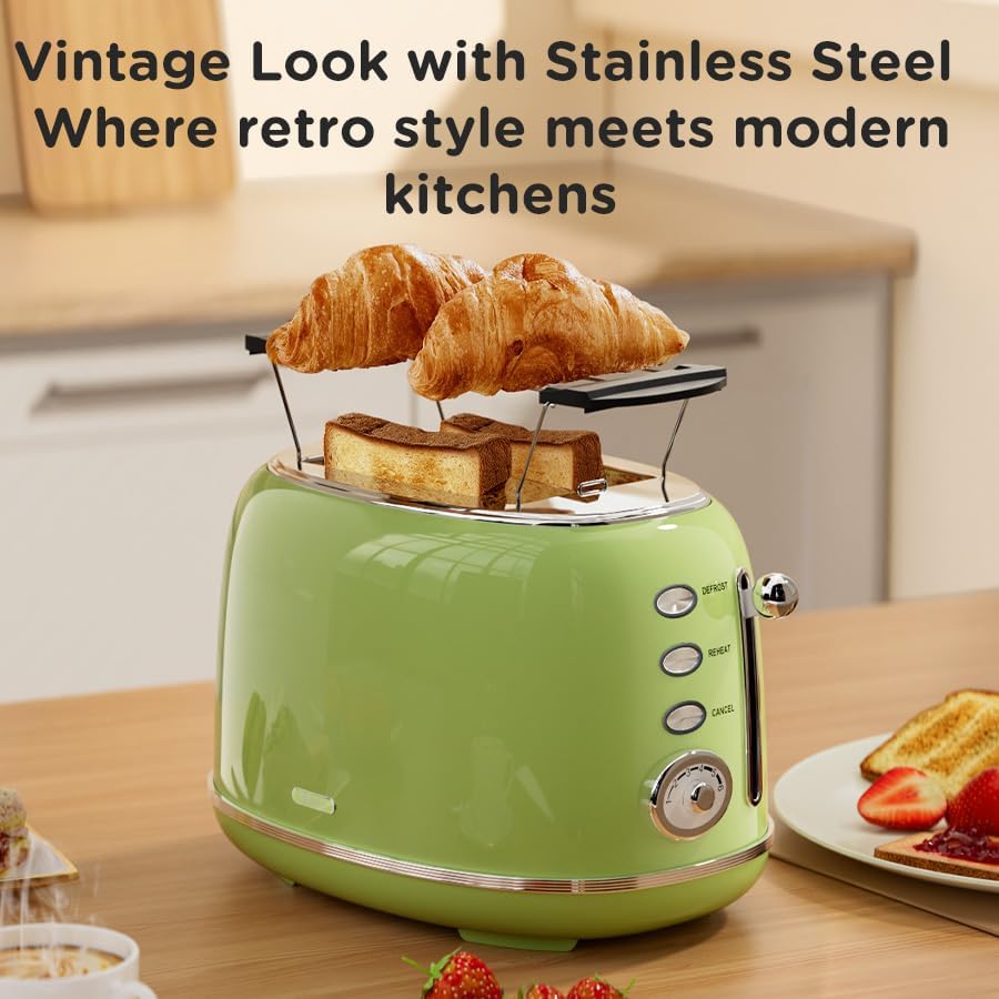 Toaster Retro 2 Slice, Vintage Green Toaster with Lid, with Bread Attachment, Preheat, Defrost And Cancel Functions, 6 Browning Levels (Green)