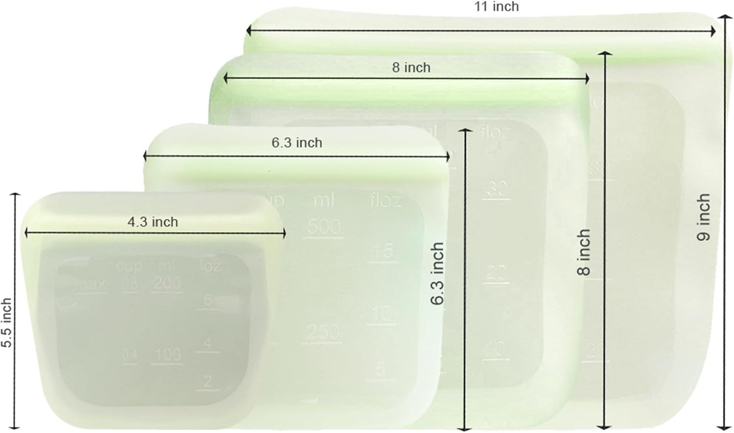 purifyou Set of 4 Reusable Silicone Storage Snack Bags 6oz / 16oz / 32oz / 64oz Self-Seal Food Storage Container for Fruits, Vegetables, Sandwiches, Dishwasher Safe & Leak-free (LimeCream)