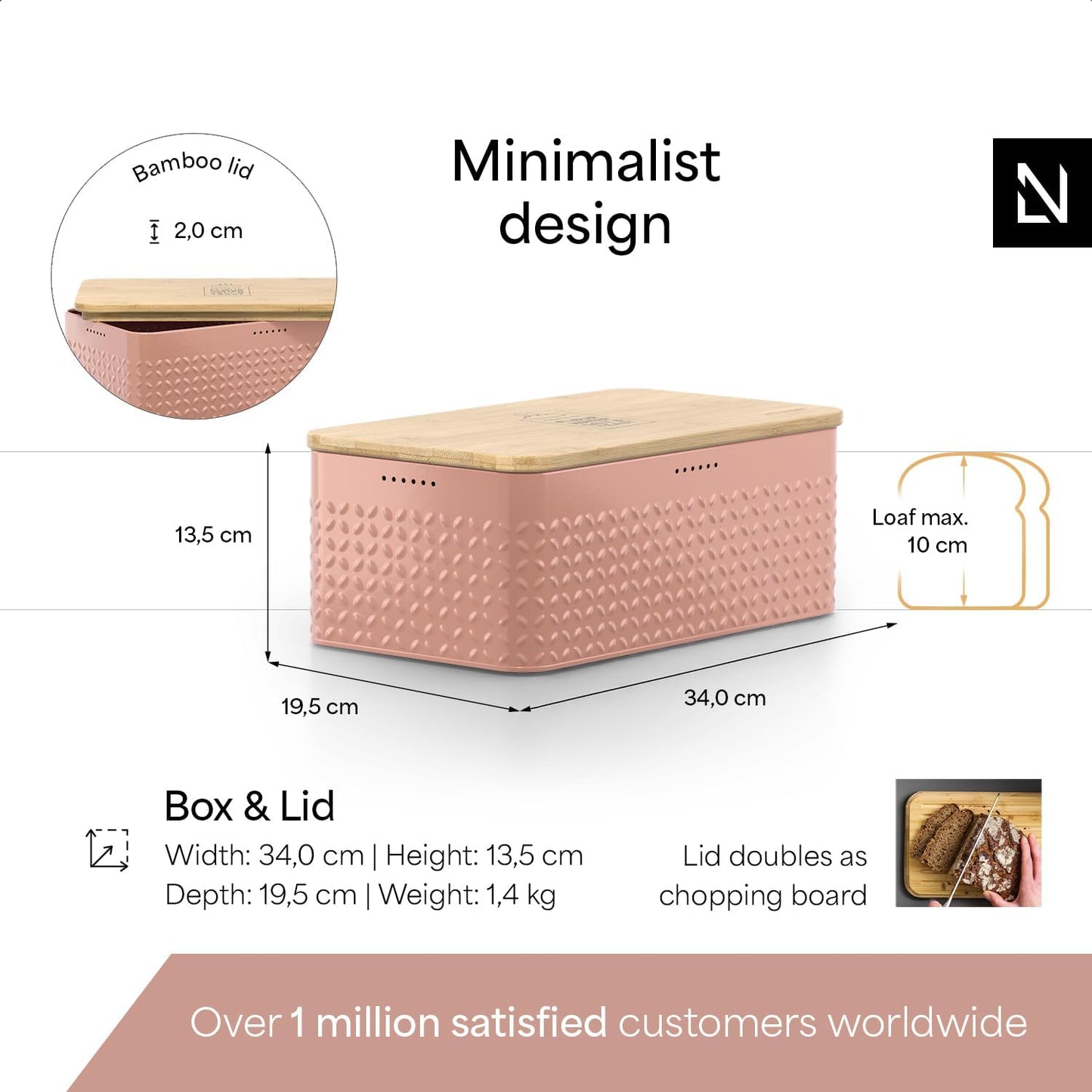 LARS NYSØM Bread Box I Metal Box with linen bag for long lasting freshness I Bread Bin with bamboo lid usable as cutting board I 13.4x7.3x5.3In (Blush Rose)