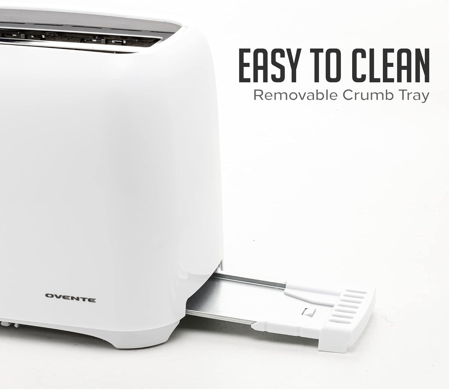 OVENTE Electric 2 Slice Toaster Machine with 6-Shade Browning Selector Setting, Compact Design and Removable Crumb Tray, 700W Power Perfect for Toasting Bread, Thin Bagels and Waffles, White TP2210WGY