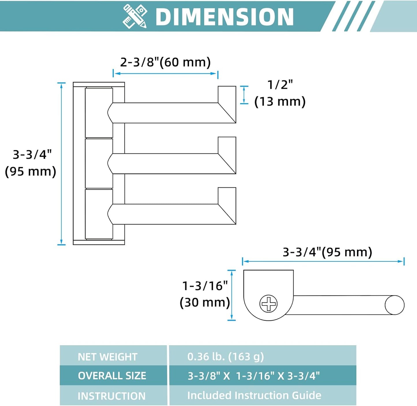 Suyar Swivel Towel Hook 3 Arms, SUS 304 Stainless Steel Coat Robe Holder, Foldable Wall Hook, Matte Black