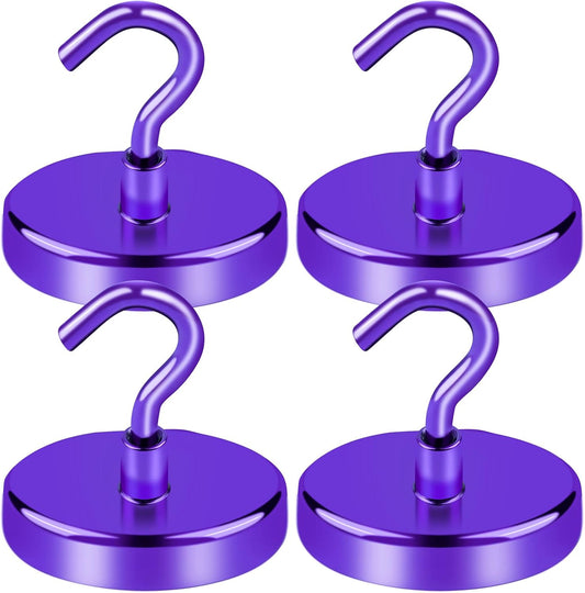 LOVIMAG Strong Magnet Hooks, 150Lbs Metal Heavy Duty, Purple with Hooks for Hanging, Cruise Cabins, Refrigerator - 4 Pack