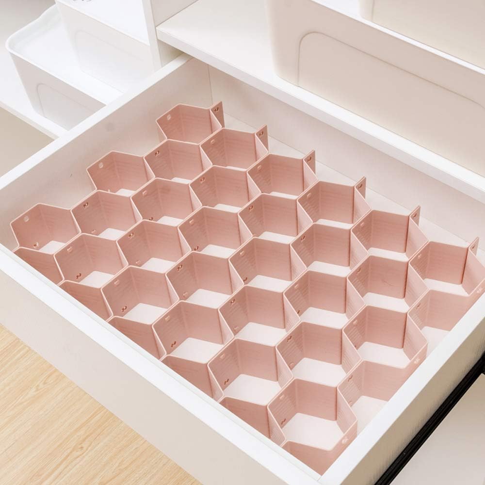 Poeland Drawer Divider Organizer Adjustable DIY Grid Honeycomb Drawer Divider for Underwear Belt Scarf Socks Pink 2 Pack