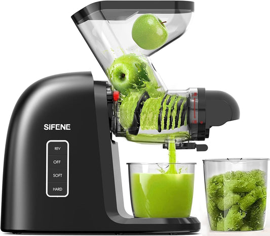 SiFENE Cold Press Juicer Machine, Dual 3" Wide Mouth Slow Masticating Juicer, Anti-Clog Function, Extracts Wheatgrass & Fruit Juice, Easy to Clean, BPA Free for Vegetable and Fruit Juicing, Black