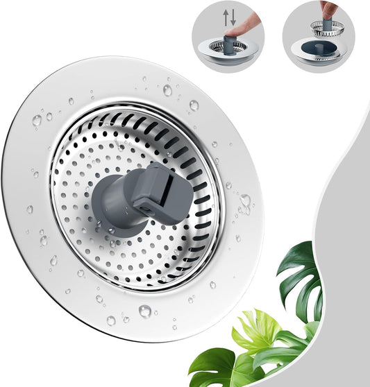 Hibbent Universal 3 in 1 Kitchen Sink Drain Strainer with Sink Stopper, Stainless Steel Wrapped Shell, SUS304 Anti-Clogging Basket Strainer, Fit for US Standard 3-1/2" Drain, Stainless Steel