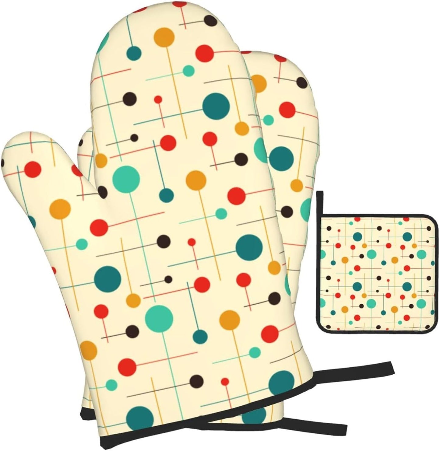 Mid Century Modern Atomic Retro Oven Mitts and Pot Holders Sets of 3 Heat Resistant Yellow Hot Pads Oven Gloves for Kitchen Cooking BBQ Baking