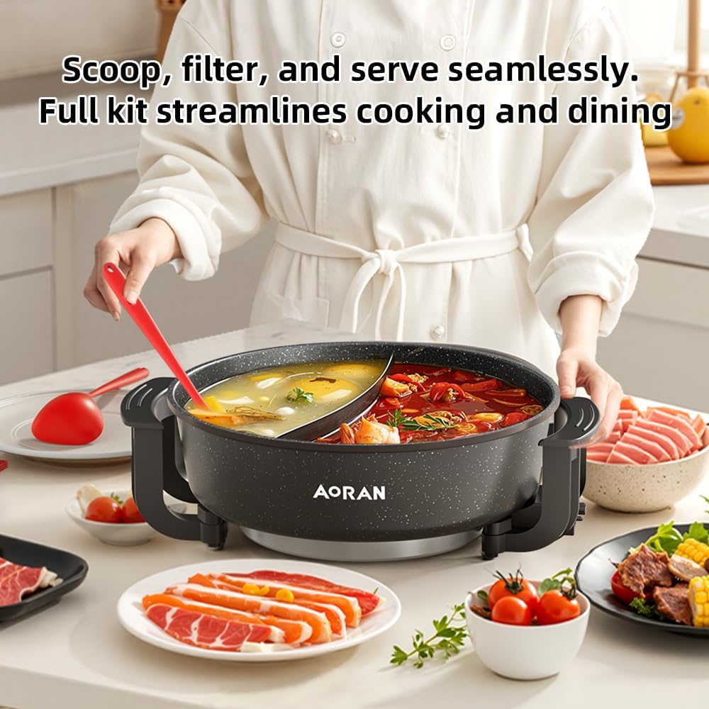 AORAN 6L Electric Hot Pot, Non-Stick Smokeless Cooking Pot with Divider for Hot Pot, Fondue, Shabu Shabu, Multi-Function, Includes Ladle, Tongs, Oil Brush, Food Tongs, Easy to Clean Black