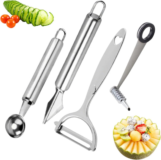 4-Piece Kitchen Spiral And V-Shaped Tools, vegetable peeler,crinkle cutter knife, Multifunctional Kitchen Set, Stainless Steel Manual Kitchen Tools for Creative Food Decoration（silvery）