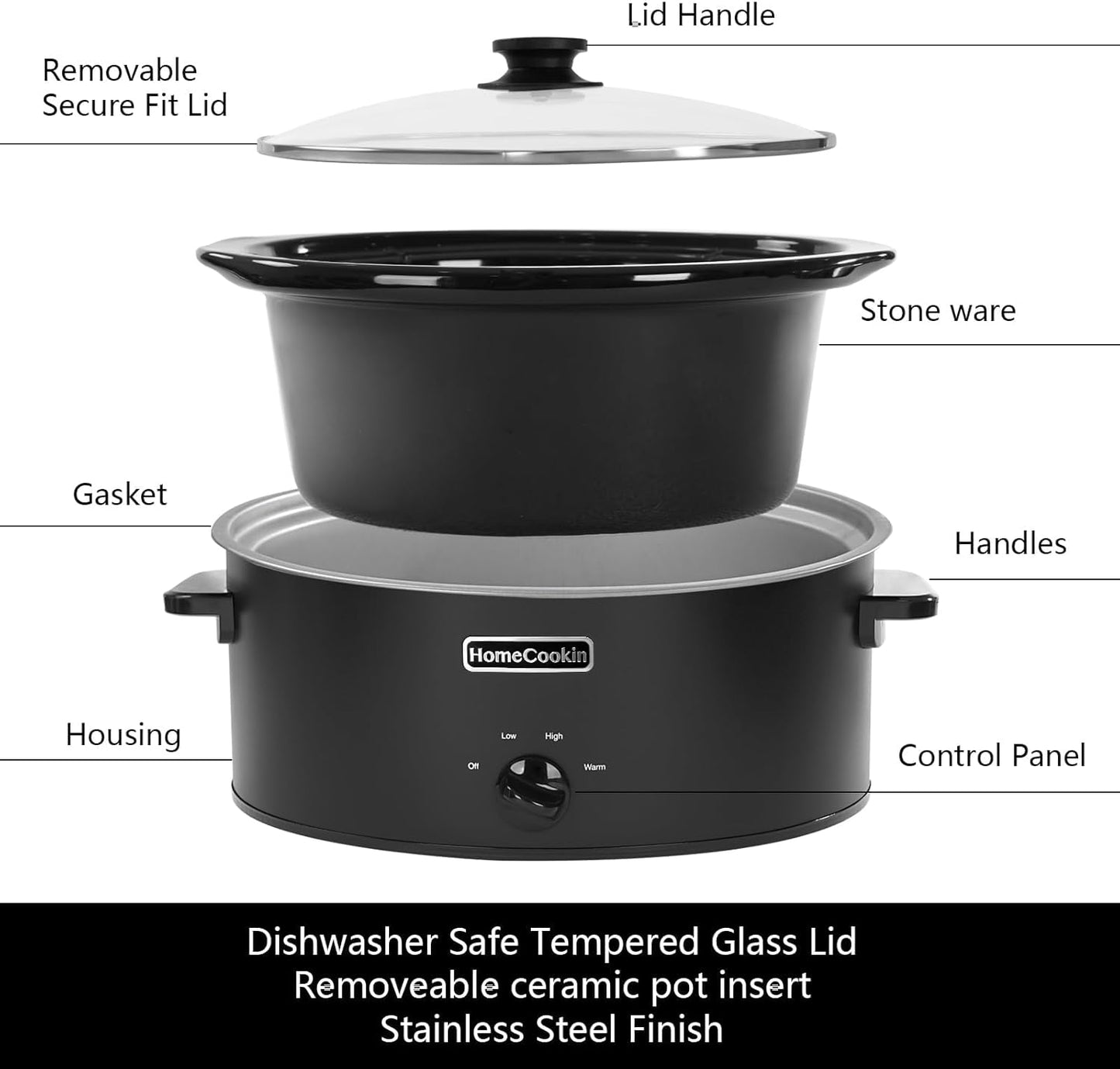 HOMECOOKIN 6 Quart Slow Cooker Oval Manual Pot Food Warmer with 3 Cooking Settings, Black Stainless Steel