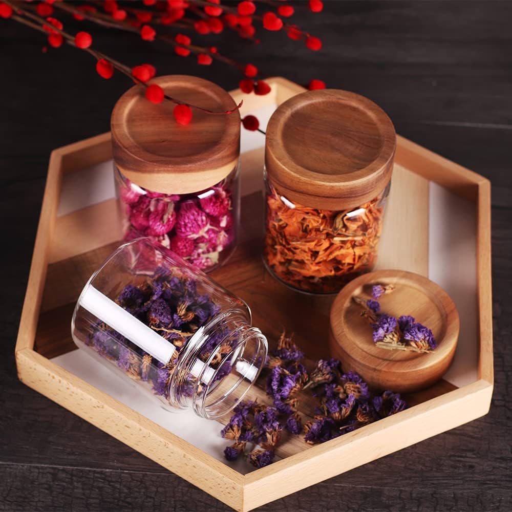 SAIOOL 3 Packs Glass Food Storage Jars with Screw Airtight Seal Acacia Wood Lids,Spice Jars with Lids, Organization for Jars Bottles Containers Travel Gear, Sugar, Salt,Coffee, cookies,spices