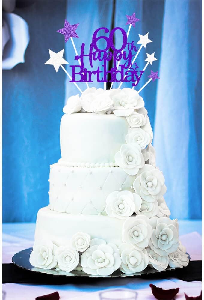 Glittery 60th Happy Birthday Cake Topper with Star,Personalised 60 Birthday Cake Toppers Party Decorations Party Supplies for Men Women Purple Silver