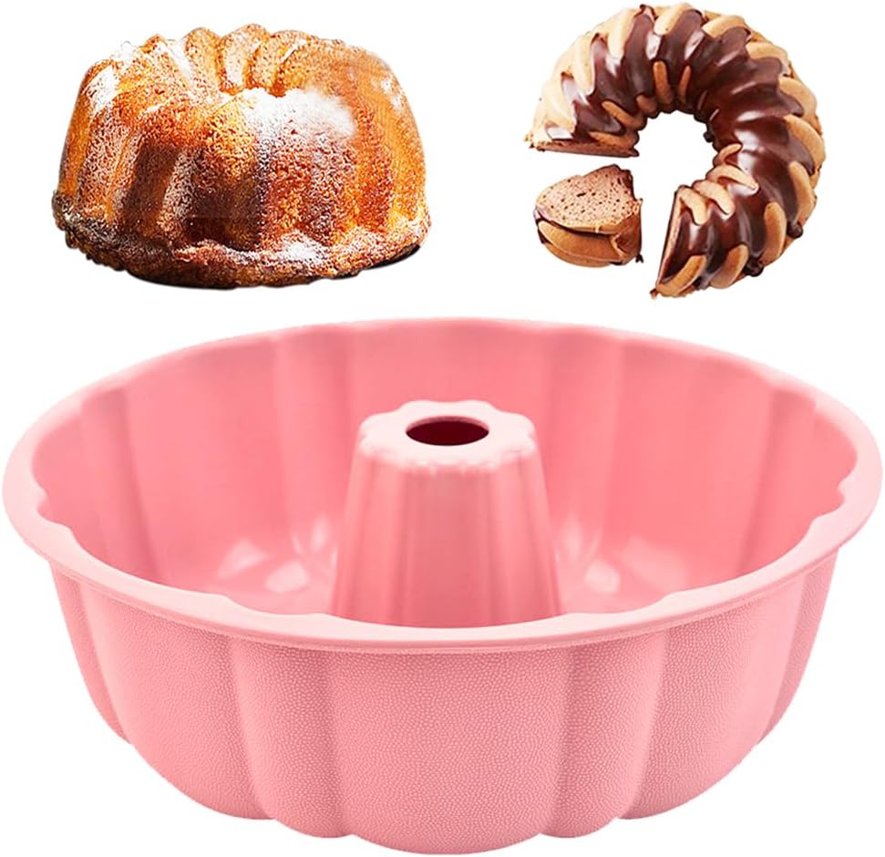 10 inch Silicone Bundt Cake Pan, Non-Stick Silicone Fluted Pans, ome Baking DIY Cake Mold for Cake, Jelly, Bread, Chocolate, Para Gelatinas (Red) (Pink, 1 Pack)
