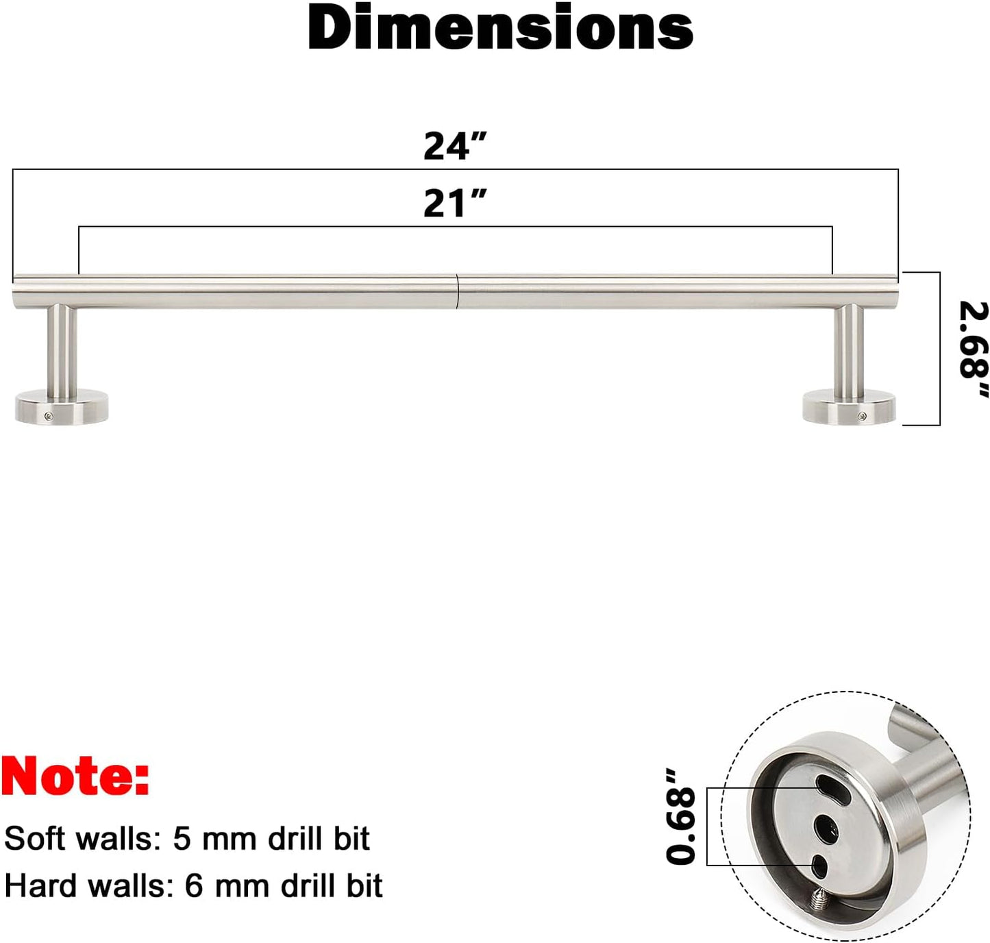 NearMoon Bath Towel Bar, Bath Accessories Thicken Stainless Steel Shower Towel Rack for Bathroom, Towel Holder Wall Mounted (2 Pack, Brushed Nickel, 24 Inch)