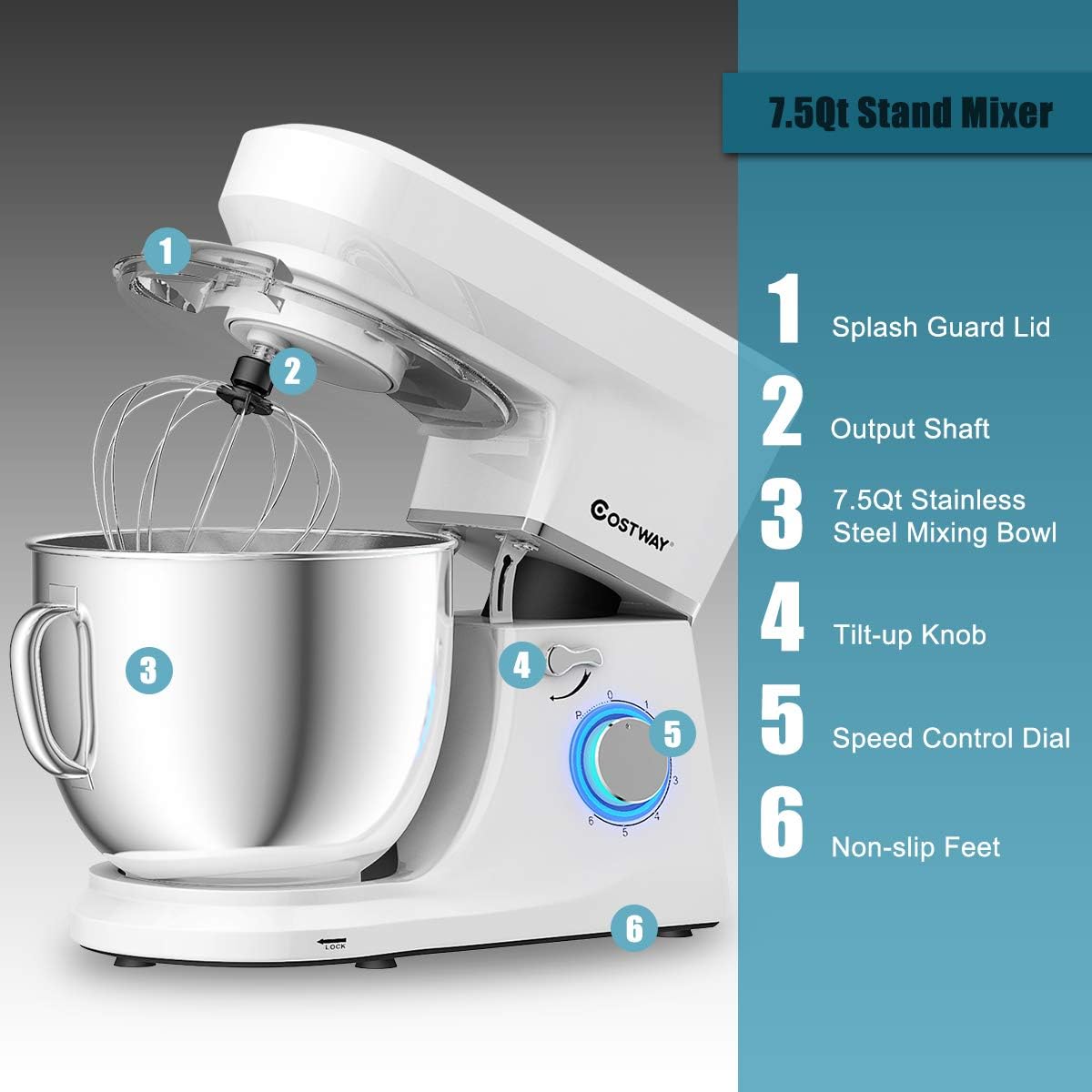 COSTWAY Stand Mixer, 6-Speed 7.5 QT Tilt-head Electric Kitchen Food Mixer 660W with Stainless Steel Bowl, Dough Hook, Beater, Whisk