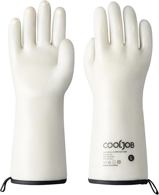 COOLJOB Heat Resistant Oven Gloves, Waterproof Liquid Silicone BBQ Grilling Gloves for Barbecue, Kitchen Cleaning, Baking, Food Contact, White, Large