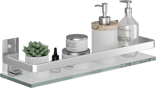 Danpoo Clear Tempered Glass Wall Shelf, Wall-Mounted Organizer for Bathroom, Kitchen(Matte Silver)