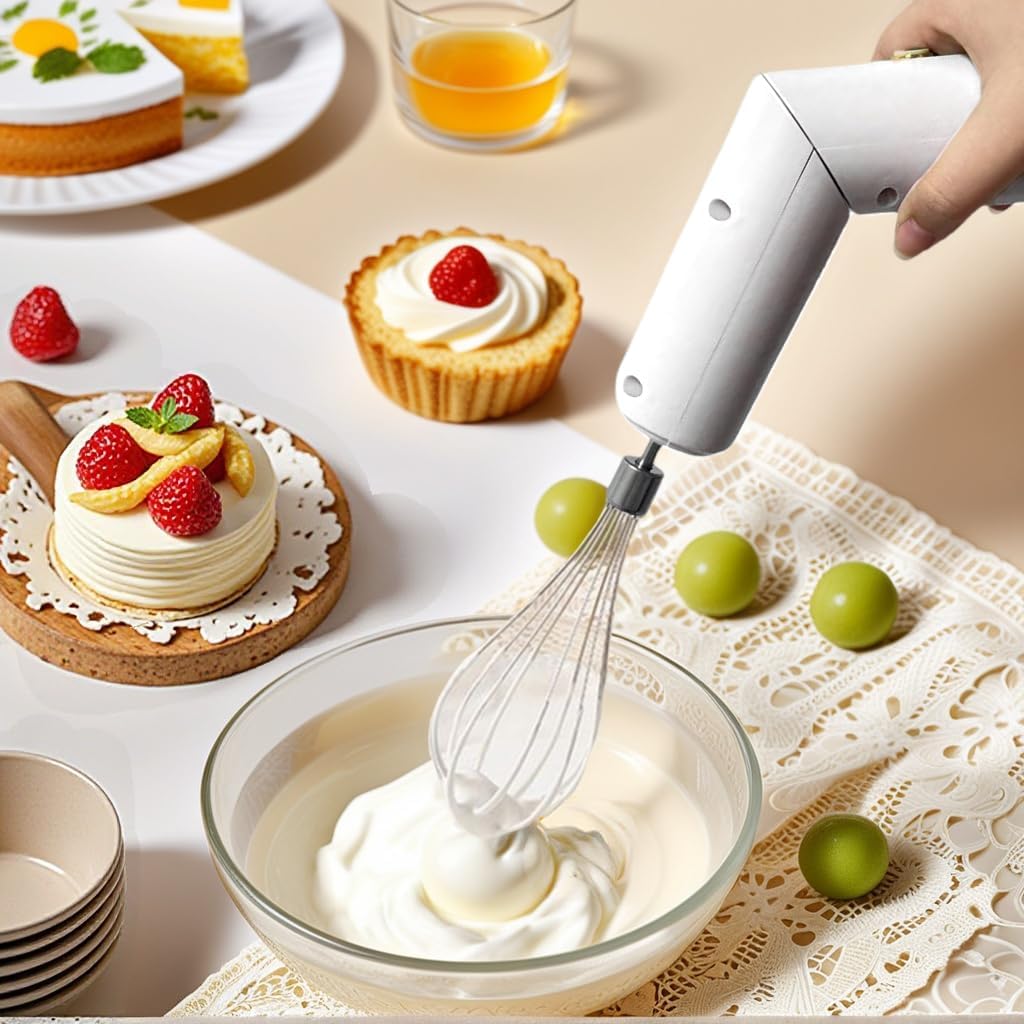 Cordless Hand Mixer, Foldable Design Handheld Electric Whisk with 3 Speed Modes, Hand Held Egg Beater with 2 Detachable Stir Whisks (White)