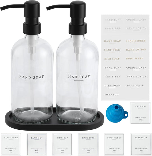 Glass Soap Dispenser - Dish Hand Soap Dispenser for Kitchen, Bathroom Soap Lotion Dispenser with 304 Rust Proof Pump, Tray, Clear Bottle/Black Pump