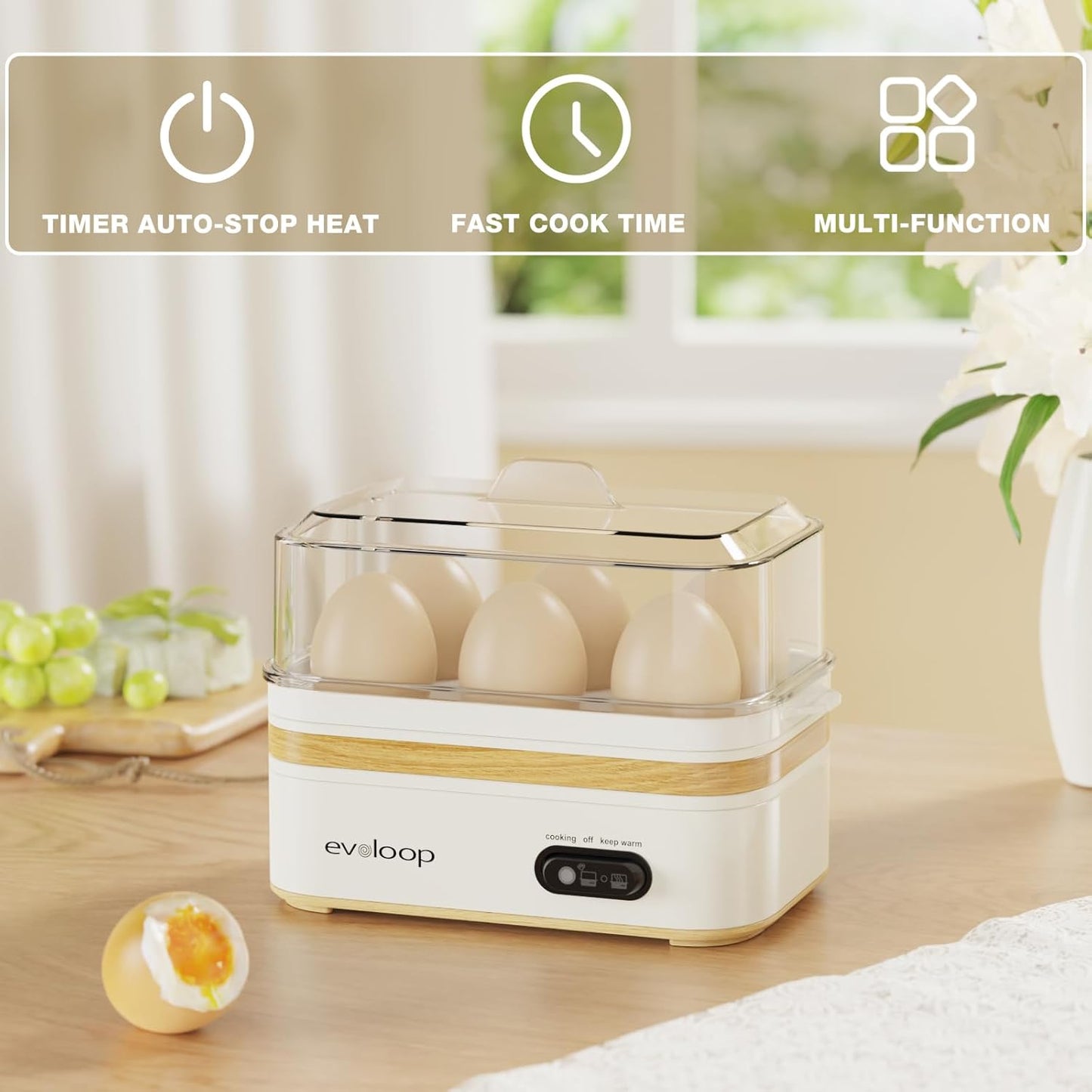 Rapid Egg Cooker Electric 6 Eggs Capacity, Soft, Medium, Hard Boiled, Poacher, Omelet Maker Egg Poacher With Auto Shut-Off, BPA Free-White