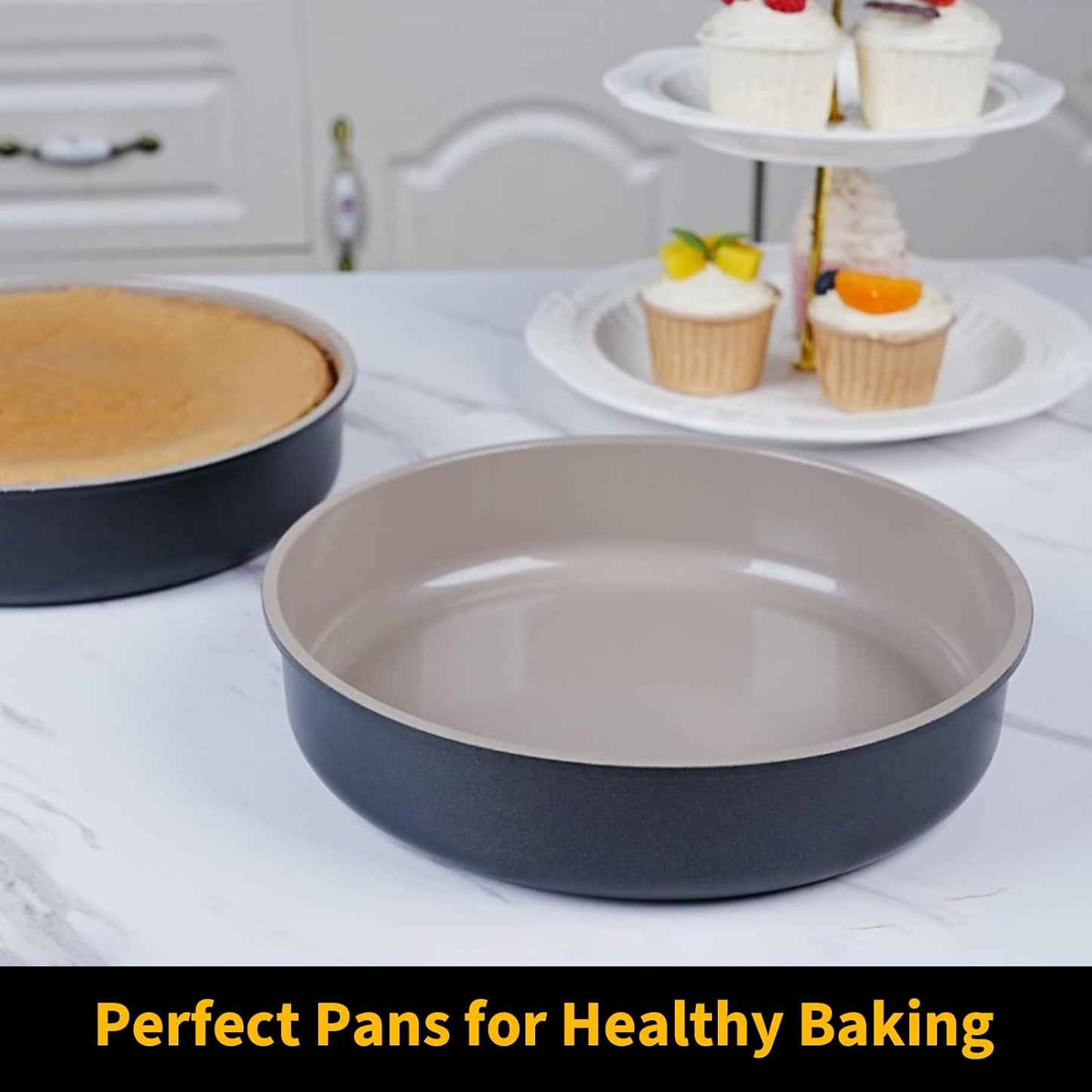 9.5 Inch Round Cake Pan,Cast Aluminum Bakeware Ceramic Nonstick for Cake Baking,Oven and Dishwasher Safe(Black)