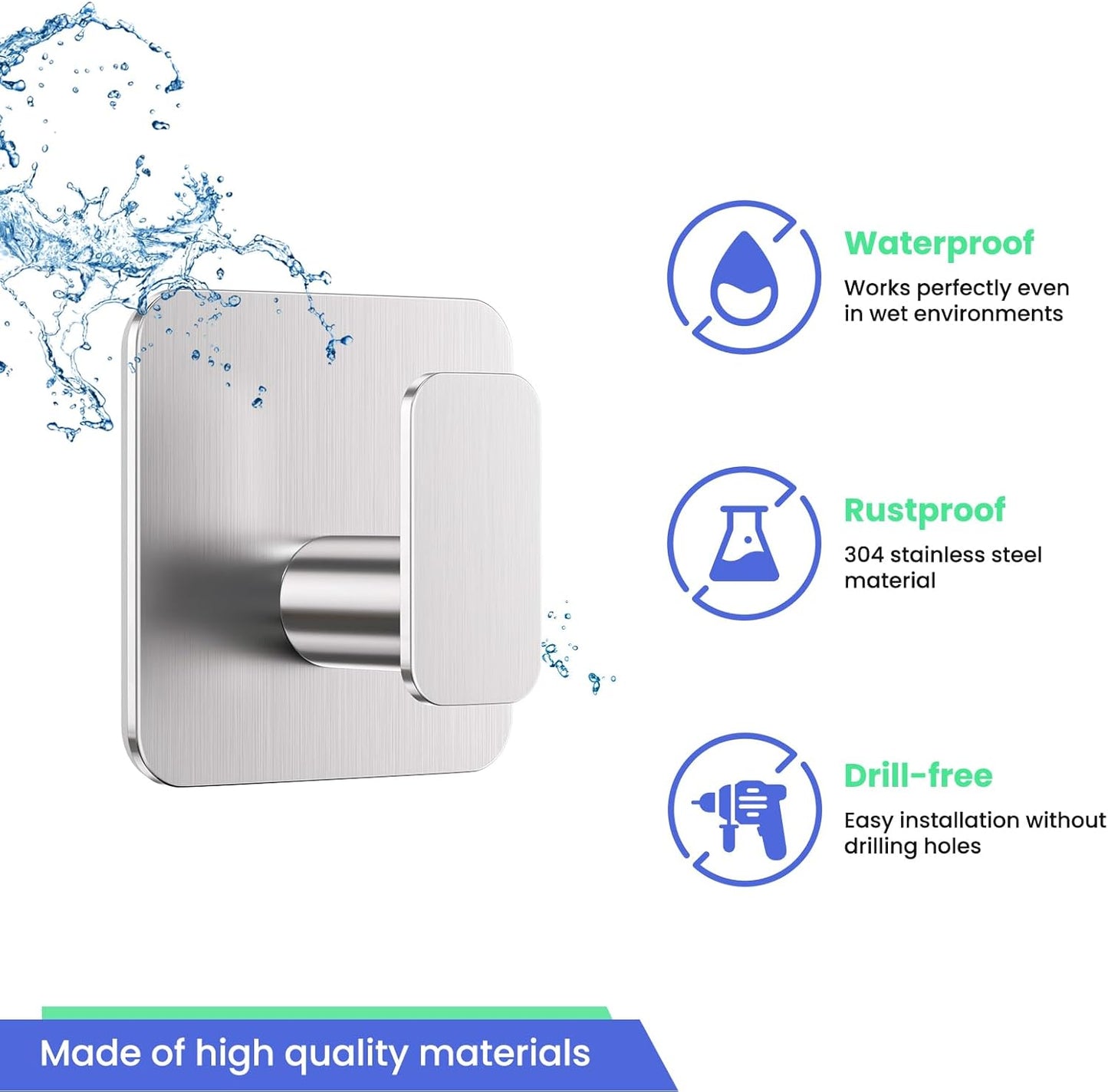 Silver Hooks for Hanging Heavy Duty, Adhesive Hooks for Shower, Bathroom, Kitchen, Robe, Towel, Coat, Waterproof & Rustproof Hook for Walls No Damage, Stainless Steel Sticky Hook - 4 Pack