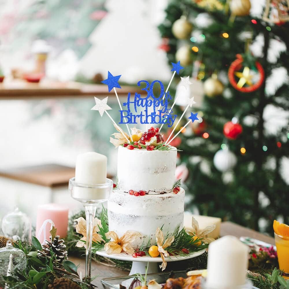 Glittery 30th Happy Birthday Cake Topper with Star,Personalised 50 Birthday Cake Toppers Party Decorations Party Supplies for Men Women Blue