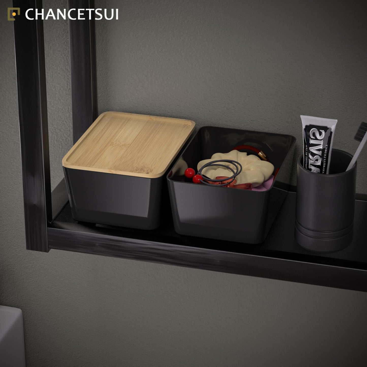 CHANCETSUI Stackable Storage Bins lids For Workplace: 5X7 Black Storage bins, Office Desk Accessories Storage Containers with Lids, Stackable Bins for Home and Office Organization, bamboo Lid, 2 Pack