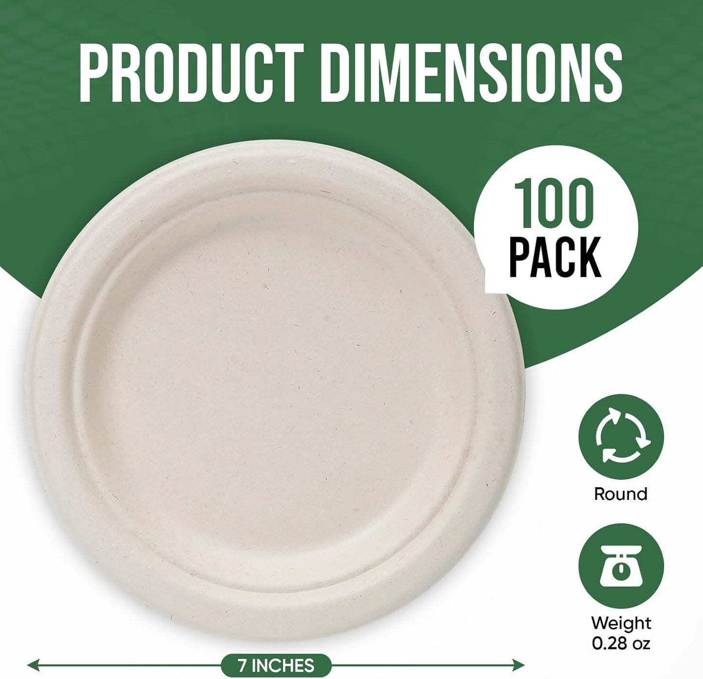 7 Inch Paper Plates 100 Pack - 100% Compostable Disposable Plates, Heavy Duty Dessert Plates, Biodegradable Sugarcane Plates for Party (Microwavable, Oil/Water Proof, Eco-Friendly, Brown)