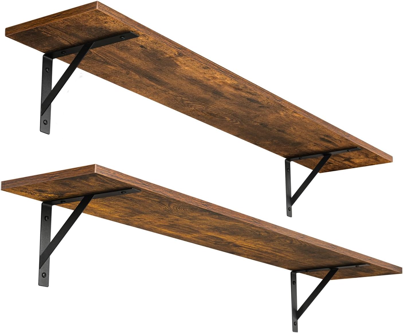 DINZI LVJ Long Wall Shelves, 39.4Inch Wall Mounted Shelves Set of 2, Easy-to-Install, Wall Storage Ledges with Sturdy Metal Brackets for Living Room, Bathroom, Bedroom, Kitchen, Rustic Brown