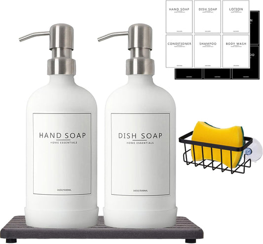 Kitchen Soap Dispenser Set with Instant Dry Tray & Sponge Holder,16 Oz Hand and Dish Soap White Glass Dispenser Set,Stainless Steel Pump,Waterproof Labels,Luxury Soap Bottle for Bathroom