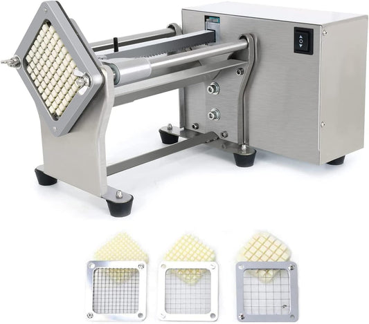 French Fry Potato Cutter Machine Electric Cutting Slicer Chipper Automatic Potato Cutter with 3 Sizes of Replaceable Blades Stainless Steel for Commercial Industrial Kitchen Restaurant Use