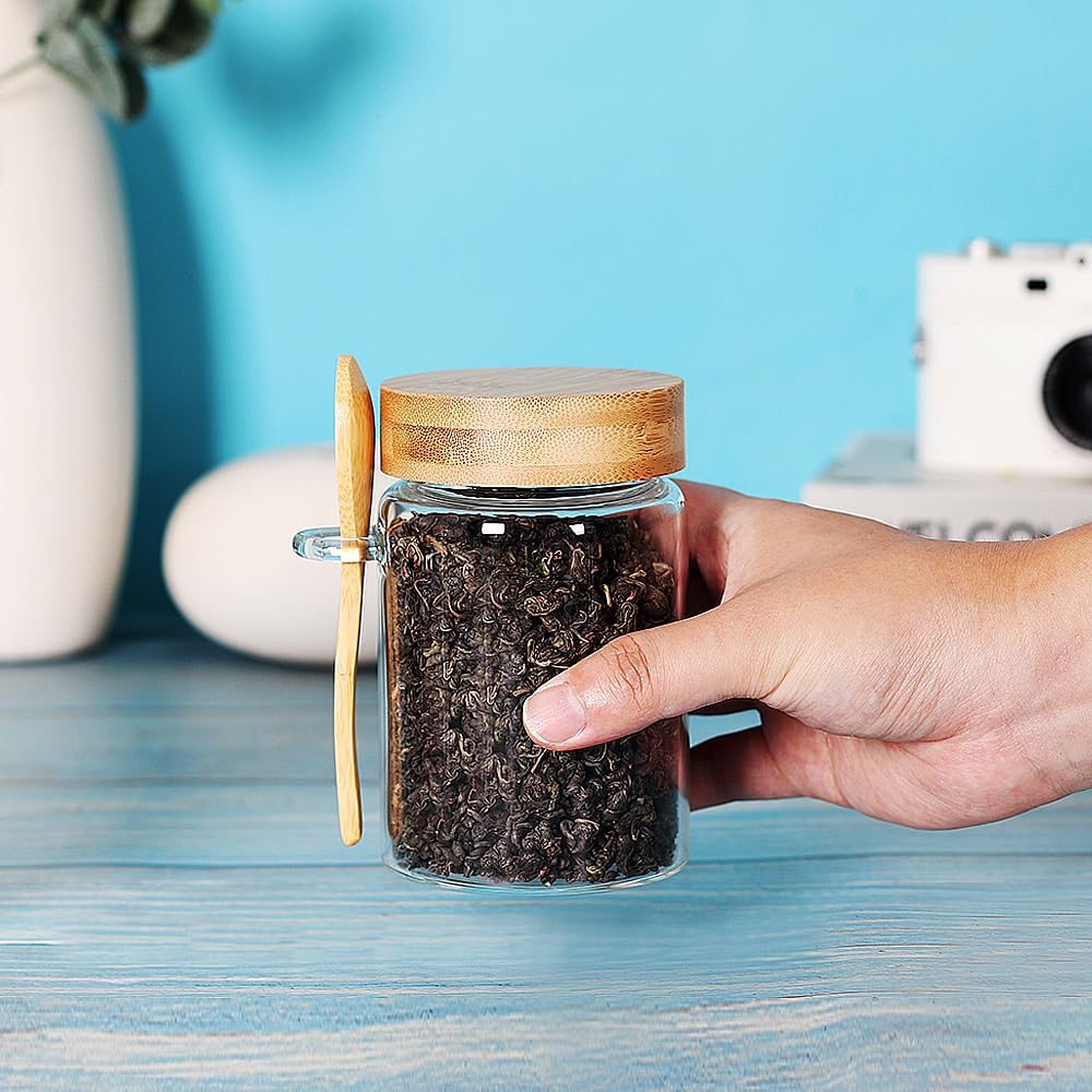 16 OZ Tea Jars Screw Top for Loose Tea, Set of 6 Loose Leaf Container Airtight, Glass Jars with Screw on Lids and Spoons, Overnight Oats Containers with Lids
