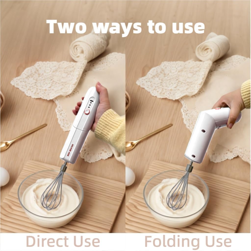 Cordless Hand Mixer, Foldable Design Handheld Electric Whisk with 3 Speed Modes, Hand Held Egg Beater with 2 Detachable Stir Whisks (White)