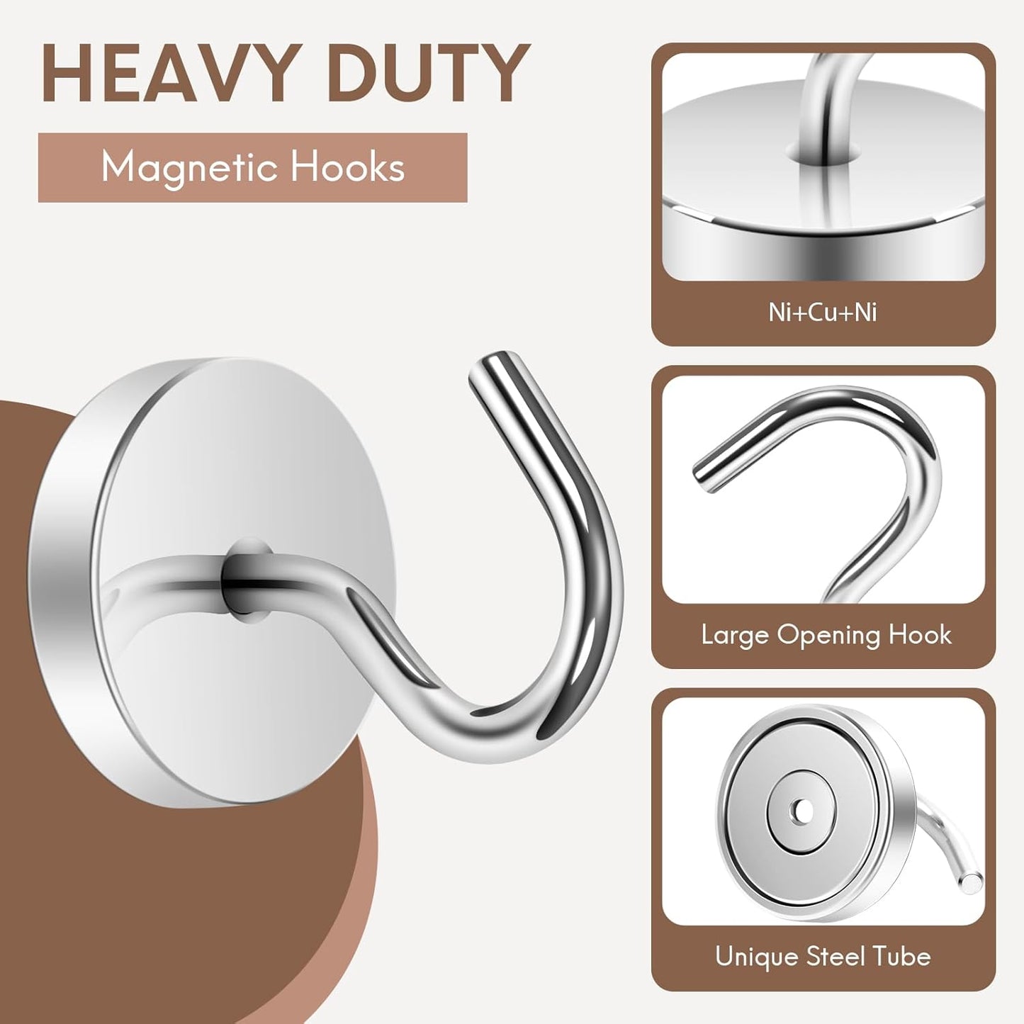 Neosmuk Magnetic Hooks Large Opening, Cruise Ship Essentials, 80lb+ Heavy Duty Magnetic Hooks for Cruise Cabins, Refrigerator, Grill, Hanging, and Travel | Extra Strong Must-Haves Magnet Hook,Silver