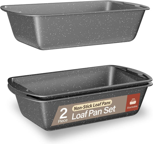 Nonstick Loaf Pan Set Pack of 2, 10.2" & 11" Large Baking Bread Pan, Oven Safe Up to 450°F, PFOA, PFOS, PTFE Free, Space Saving Stackable Design, Stain Resistant, Dishwasher Friendly, Gray Marble