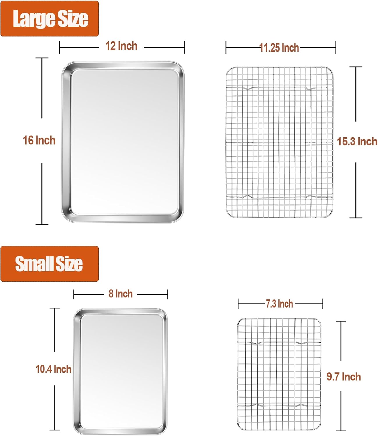 P&P CHEF 16 + 10.4 Inch Baking Sheet and Rack Set, Stainless Steel Cookie Sheets Oven Baking Pans Trays with Cooling Racks for Cooking & Roasting, Oven & Dishwasher Safe, (4Pcs)