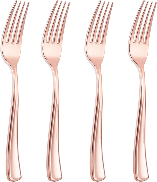 Liacere 200 Pack Rose Gold Disposable Forks - 7.4 Inch Heavy Duty Plastic - Rose Gold Silverware for Catering, Parties, Dinners, Weddings & Mother's Day